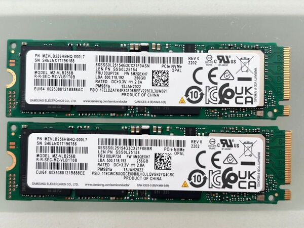 二個セット SAMSUNG PM981a M.2 2280 NVMe SSD 256GB Gen3 MZVLB256 未使用に近い