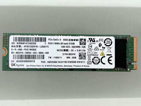 SK hynix SSD 512GB PC611 M.2 2280 NVMe PCIe Gen3 未使用に近い