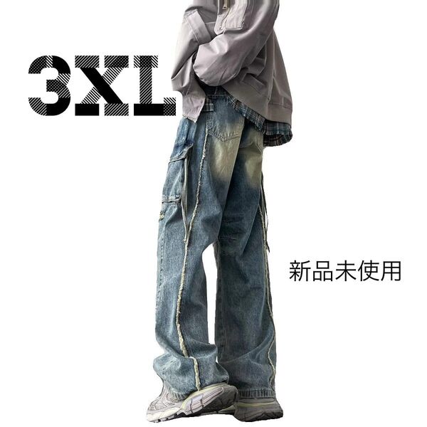 3XL ダメージ デニム メンズ パンツ ジーンズ ストリート ワイド ジーパン 新品 ズボン ユニセックス 未使用 カジュアル