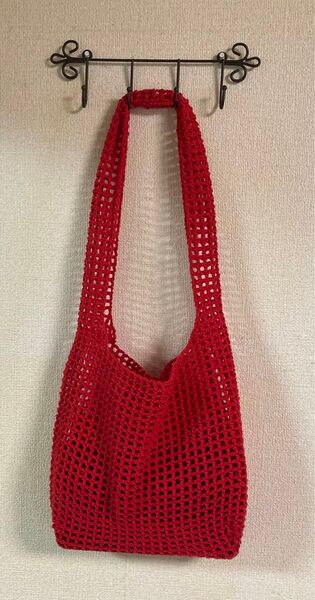 ハンドメイド メッシュバッグ 赤 手編み