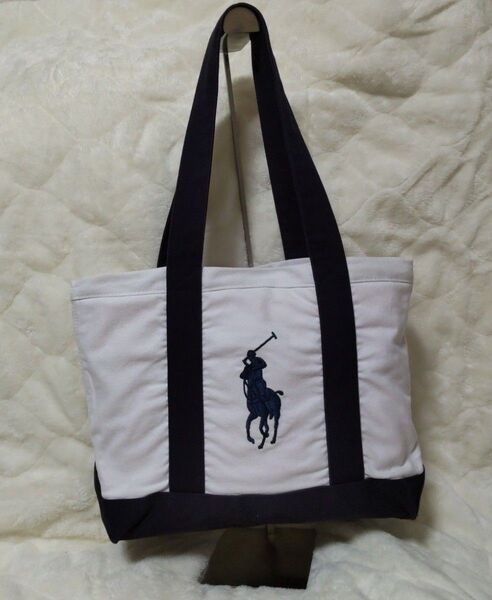 ポロラルフローレン キャンバス トートバッグ 白×ネイビー ロゴ刺繍 ビックポロ POLO RALPH LAUREN
