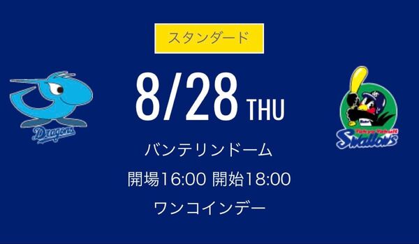 8月28日(木) 中日ドラゴンズ 対東京ヤクルトスワローズ レフト側ドラゴンズ 外野応援席 ペア