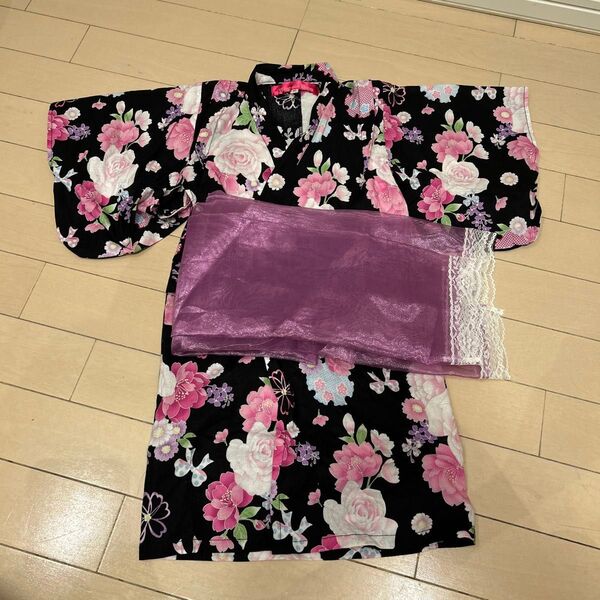 女の子 浴衣 兵児帯 セット 90cm 黒 ピンク 花柄 夏祭り