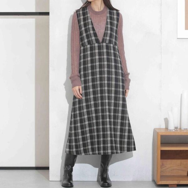 【極美品】ナノユニバース nano universe 定価18150円 23AW ビッグ チェック Vネック ワンピース ロング
