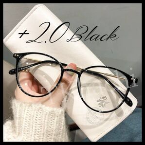 ブラックシニアグラス +2.0 老眼鏡 黒縁 丸メガネ 伊達メガネ リーディンググラス PCメガネ ブルーライトカット