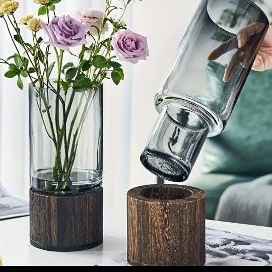 【大サイズ】スタイリッシュ 花瓶 スタンド 木製 インテリア ガラス 海外輸入 おしゃれ 生花 ガラス 水中花 フラワーベース