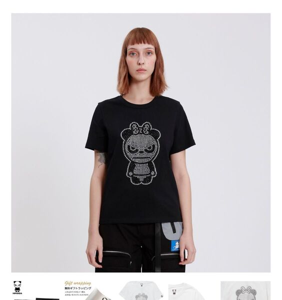 HIPANDA ハイパンダ ストーン装飾 クマTシャツ 黒 L