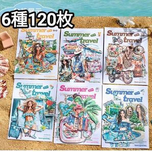 新!D56 夏日の旅 コラージュ素材 人物ステッカー 女の子 シール