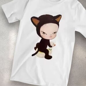奈良美智 高品質コットンスパンデックス ストレッチTシャツ XLサイズ 黒猫 猫 Tシャツ