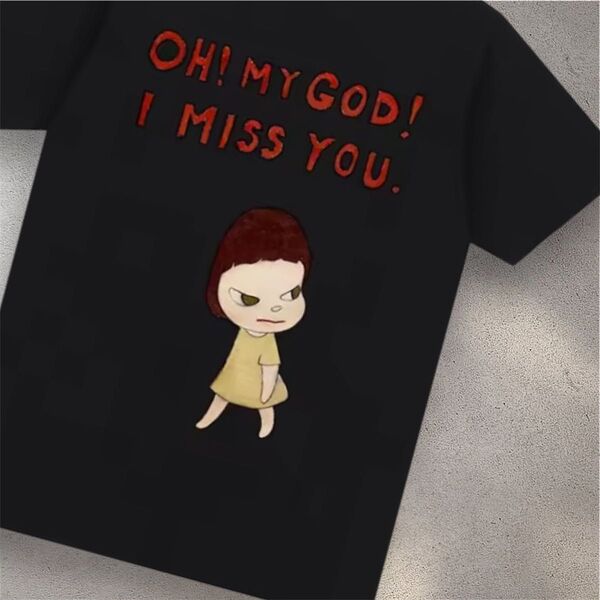 奈良美智 高級 ストレッチ コットン OH! MY GOD! I MISS YOU 半袖 Tシャツ アート 黒