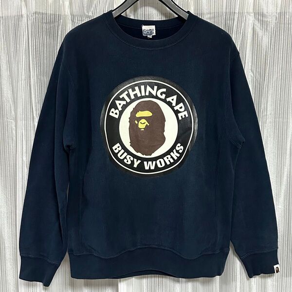 M/紺/アベイシングエイプ/BAPE BUSYWORKS サークルロゴスウェット