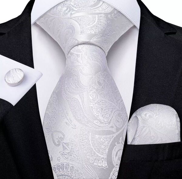 【3点セット】ネクタイペイズリーストライプ結婚式二次会白ホワイト