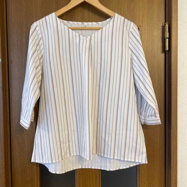 7分袖 縦ストライプカットソー L 薄手 ※訳あり品