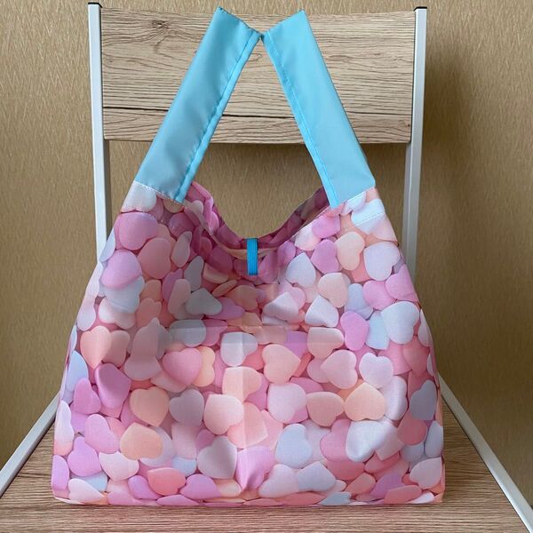 エコバッグ ハンドメイド コンビニ お弁当 折り畳み コンパクト 撥水 ラムネ 水色 かわいい パステルカラー