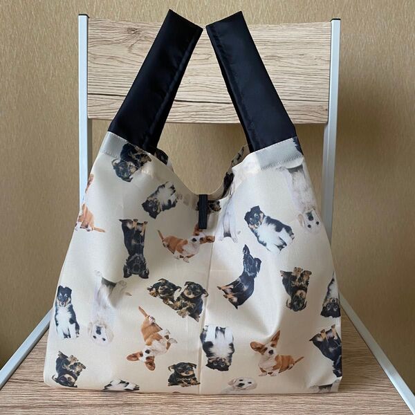 エコバッグ ハンドメイド コンビニ お弁当 折り畳み 撥水 コンパクト 犬 黒 dog