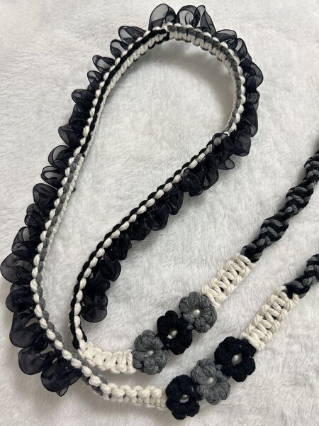 スマホショルダーストラップ ハンドメイド マクラメ モノクロ チュールショルダーストラップ ハンディファンストラップ
