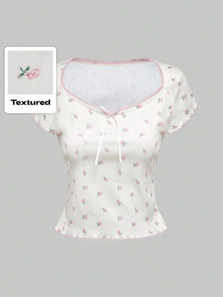 【新品タグ付き】shein シーイン ROMWE 花柄刺繍 Tシャツ 半袖 海外ガール 夏服 トップス