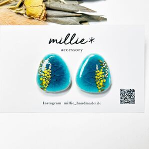 ミモザ 大ぶり 菜の花 花 ピアス フラワー イヤリング タイル ミモザ柄 タイルピアス 大きいピアス