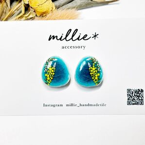 ミモザ 菜の花 花 ピアス 花 イヤリング タイル 可愛い タイルピアス 小さいピアス フラワー