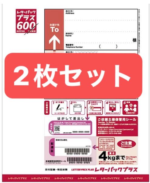 2枚 日本郵便 レターパックプラス 600円 未使用 新料金 現行柄 料額