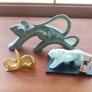 置物 3個セット ネズミ 虎 ヘビ 陶器 金属 吉兆 寅 玉善作