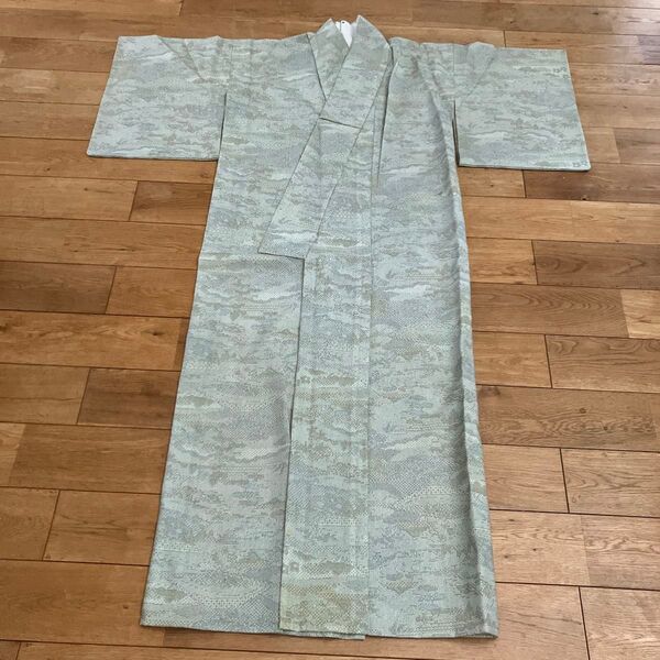 夏着物 薄緑 幾何学模様 小紋 丈153 裄60.5