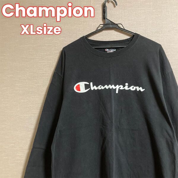 210 Champion チャンピオン ロンT メンズ XL ブラック ビッグロゴプリント 長袖 クルーネック