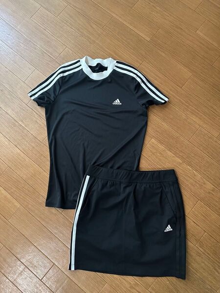 アディダスadidas 上下セットゴルフウェア レディース ブラック スコート ストレッチ トップス スカート フリーストライプス