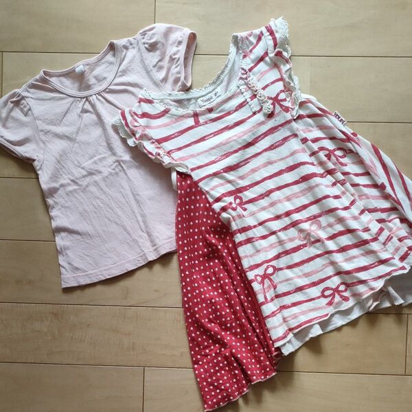 ユッピー トップバリュ 女の子 95★チュニックワンピース&半袖Tシャツ★ピンク 赤 レース付きキッズ夏服セット