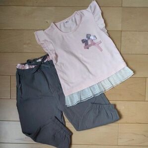 新品含む 女の子 100★フリル袖Tシャツ&ゆったりパンツ★ピンク グレー系 リボン付きキッズ夏服上下セット