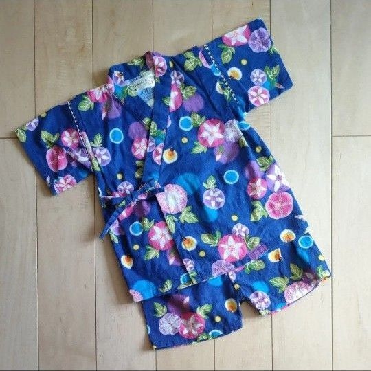 クロワッサンスべべ 女の子 95★甚平★青 花柄 朝顔 キッズ夏服上下セット 綿100%