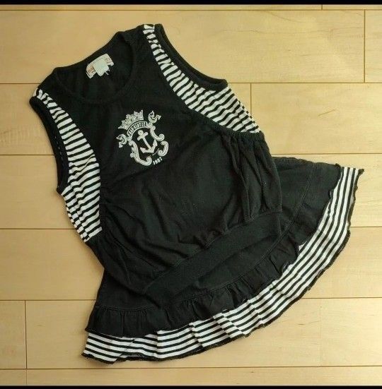 女の子 95★ノースリーブTシャツ&スカート★黒 刺繍入りフリル付きベビー夏服上下セット