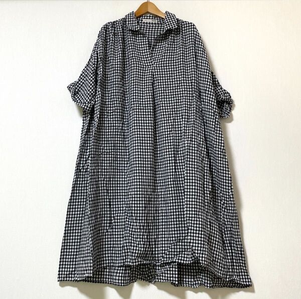 リネン混 キーネックカラーのゆるっとAラインシャツロングワンピース