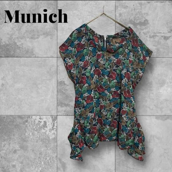 Munich トップス チュニック 花柄 シアー 日本製 S グリーン系 フリル