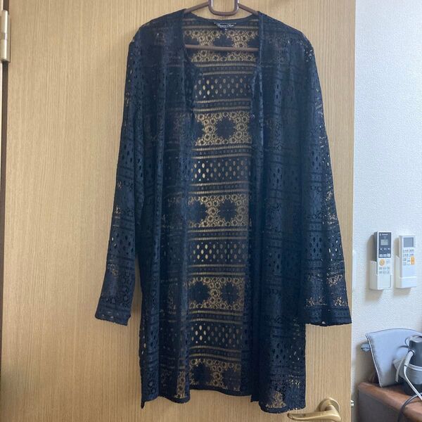 【美品】日本製 レースロングカーディガン 黒 Lサイズ