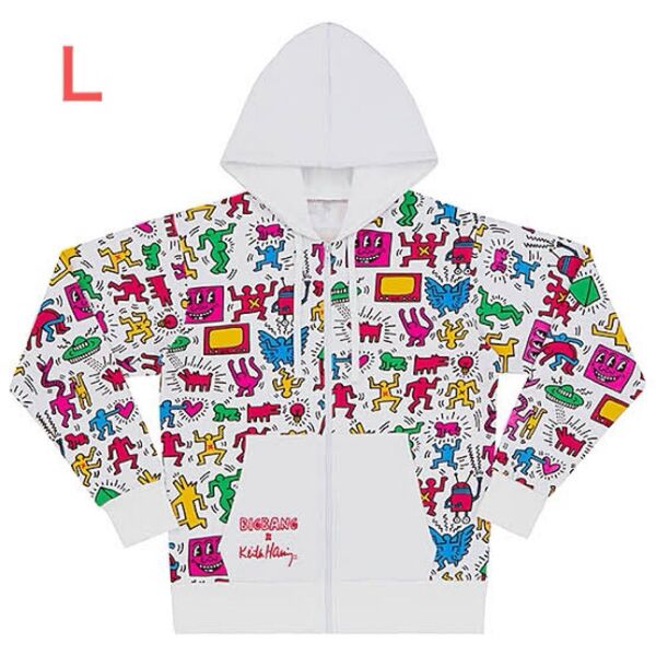 【美品】希少!BIGBANGライブ限定品/Keith Haringキースへリングコラボジップアップパーカートレーナー★ホワイト白L