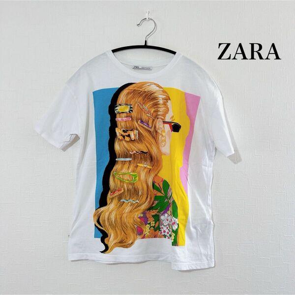 ZARAザラ★人気完売!希少グラフィックデザインTシャツ/半袖カットソー★ホワイト白/Lサイズ