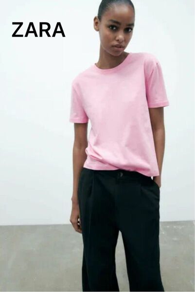 【新品】ZARAザラ★人気完売!シンプルクルーネック半袖Tシャツ/コットンカットソー/綿100%★ベビーピンク/Sサイズ