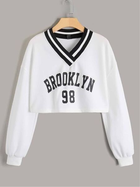 SHEINシーイン ★人気完売!ロゴ入りクロップドスウェットシャツ/Vネックトレーナー★ホワイト白/11-12Y(140-150)