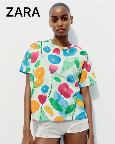 【新品】ZARAザラ★人気完売!フラワープリント半袖Tシャツの/コットンカットソー/綿100%★花柄/Sサイズ