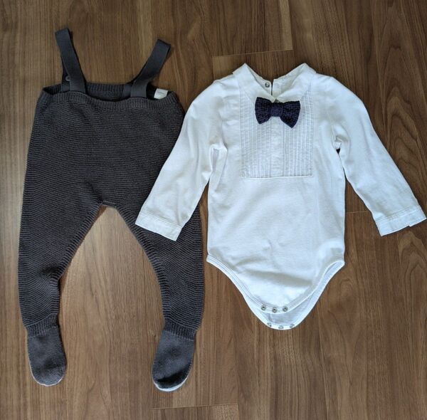 マールマール★ニット オーバーオール + 蝶ネクタイ付 ロンパース 80cm 男の子 ロンパース ベビー セレモニー