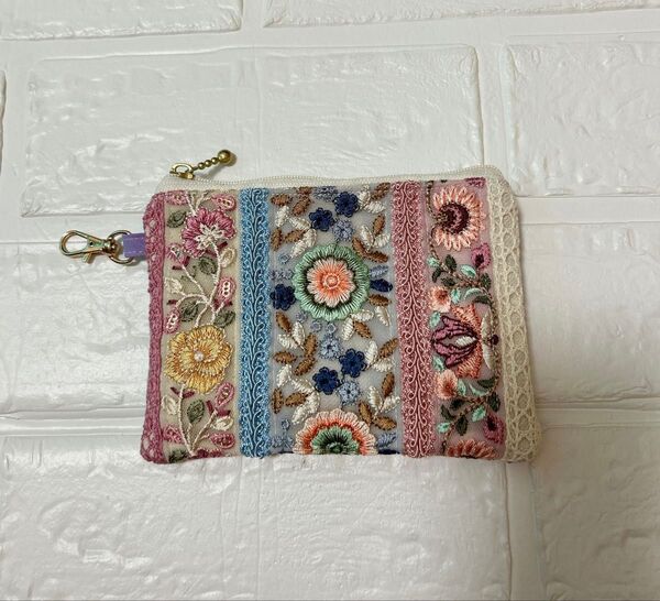 new ② インド刺繍リボン ミニポーチ コインポーチ 小物入れ 小銭入れ ハンドメイド 大人可愛い
