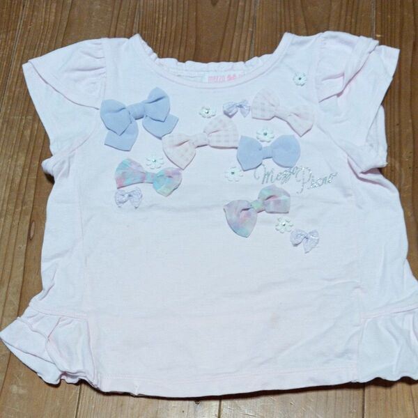 メゾピアノ 半袖Tシャツ ピンク リボンモチーフ100cm