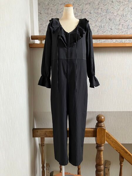 春★FRIFULフリフル黒フリル長袖サロペットオールインワンワイドパンツL★