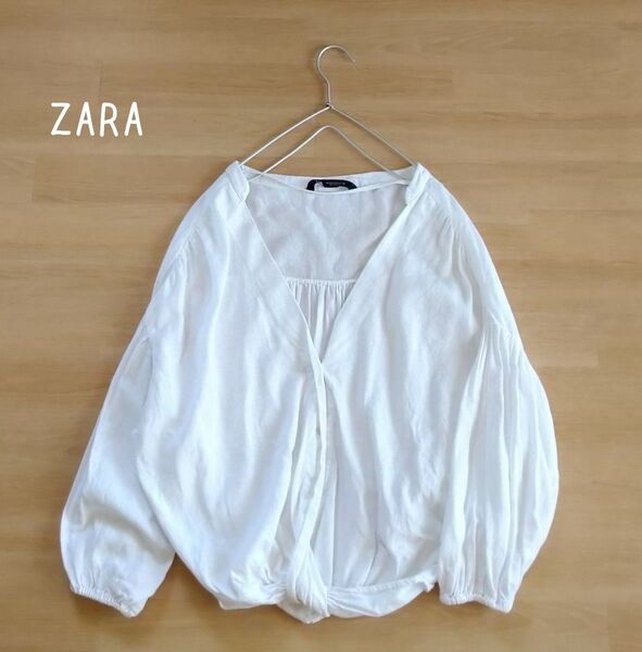 ZARA ザラ スキッパーシャツ ブラウス ボリューム袖 ホワイト リネン混 ゆったり