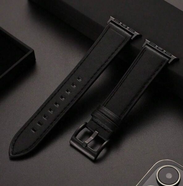 Apple Watchバンド ブラックマットレザー 49/46/45/44/42mm