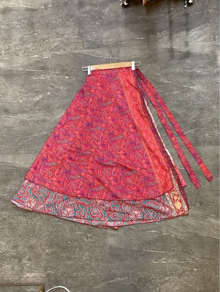 Summer sale Wrap around skirt エスニック ロングスカート ペイズリー柄 ピンク フリーサイズ