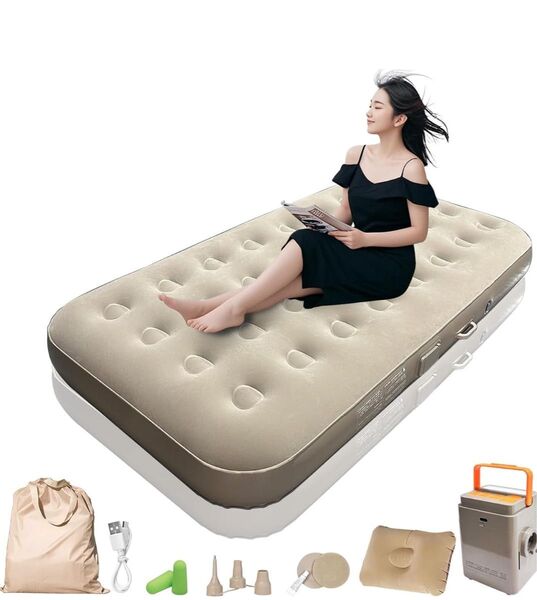 エアーベッド 90秒超速膨張 190x100x25cm 電動ポンプ内蔵シングル 防災対策用にも ベージュ キャンプ 25厚さcm