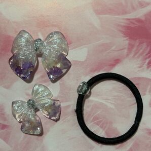 2 ハンドメイド ドライフラワー リボン ヘアゴム レジン 2個セット