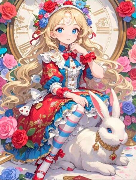 クロスステッチキット 少女と白いウサギ (11CT、図案印刷あり)
